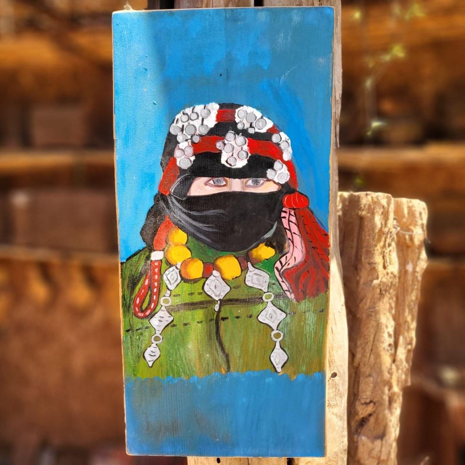 Berber Hand-Painted Woman Portrait Folk Art Wood Cultural