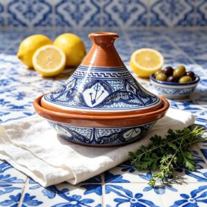 Amazigh Hand-Painted Morrocan Ceramic Blue Flame-Proof Clay Tagine