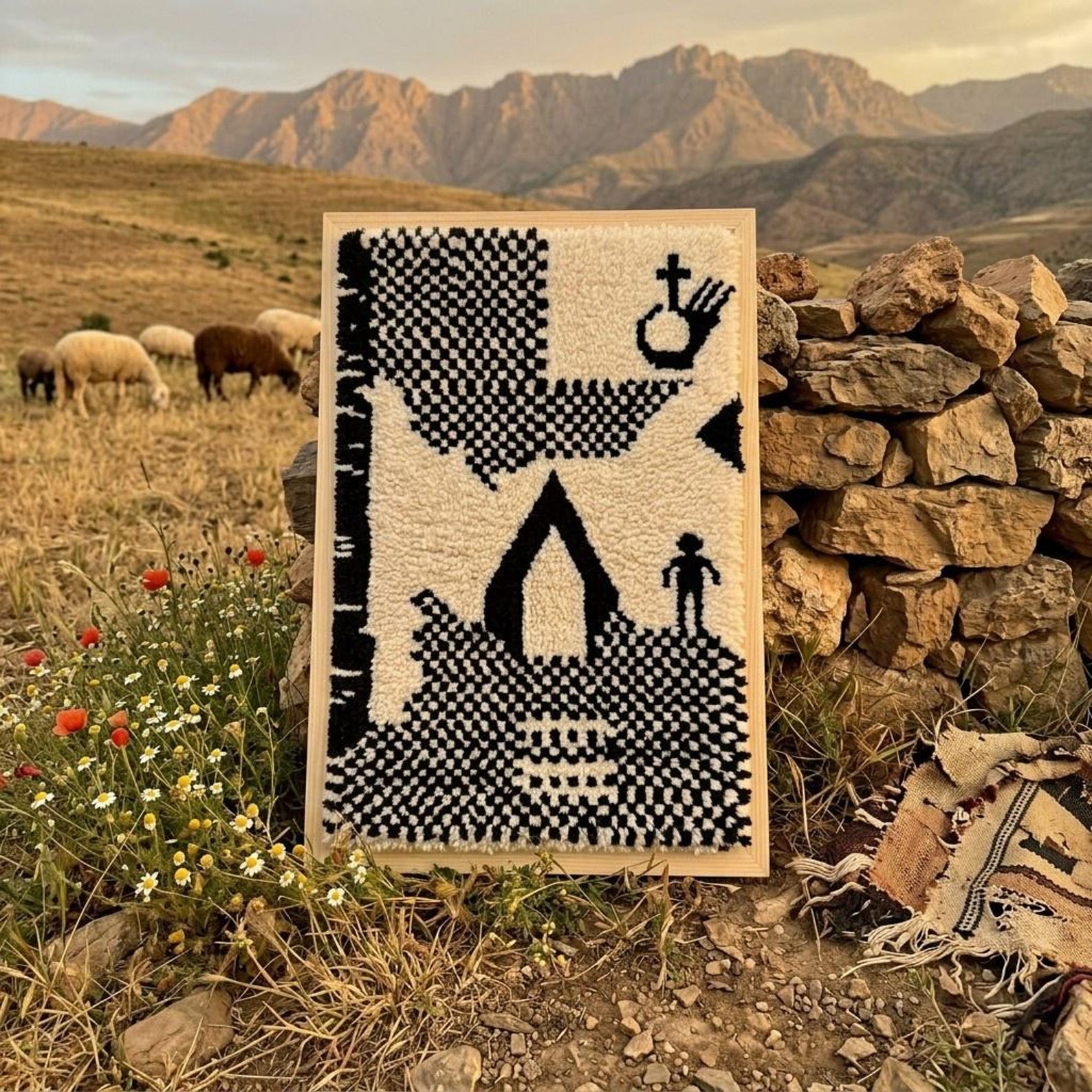 Handwoven Amazigh Berber Wool Rug Wall Tapestry with Tuareg Yaz