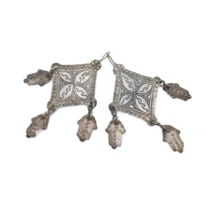 Large Antique Amazigh Berber Chiseled Silver Hamsa Earrings