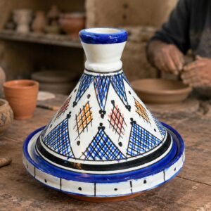 Amazigh Small hand-painted Safi ceramic serving tagine with blue