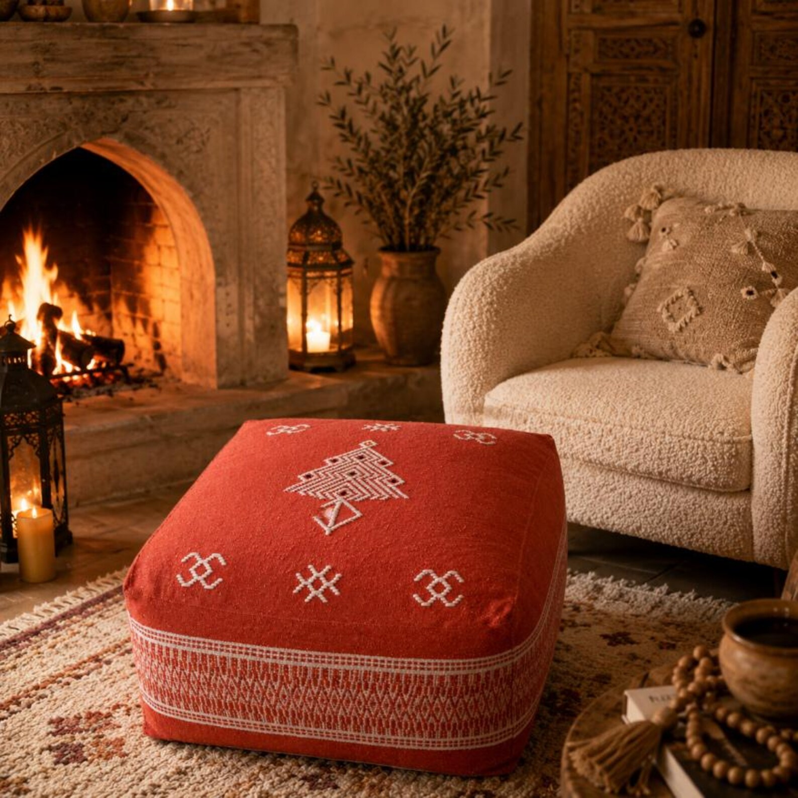 Berber Red Boho Floor Seating Cushion Embroidered Pouf