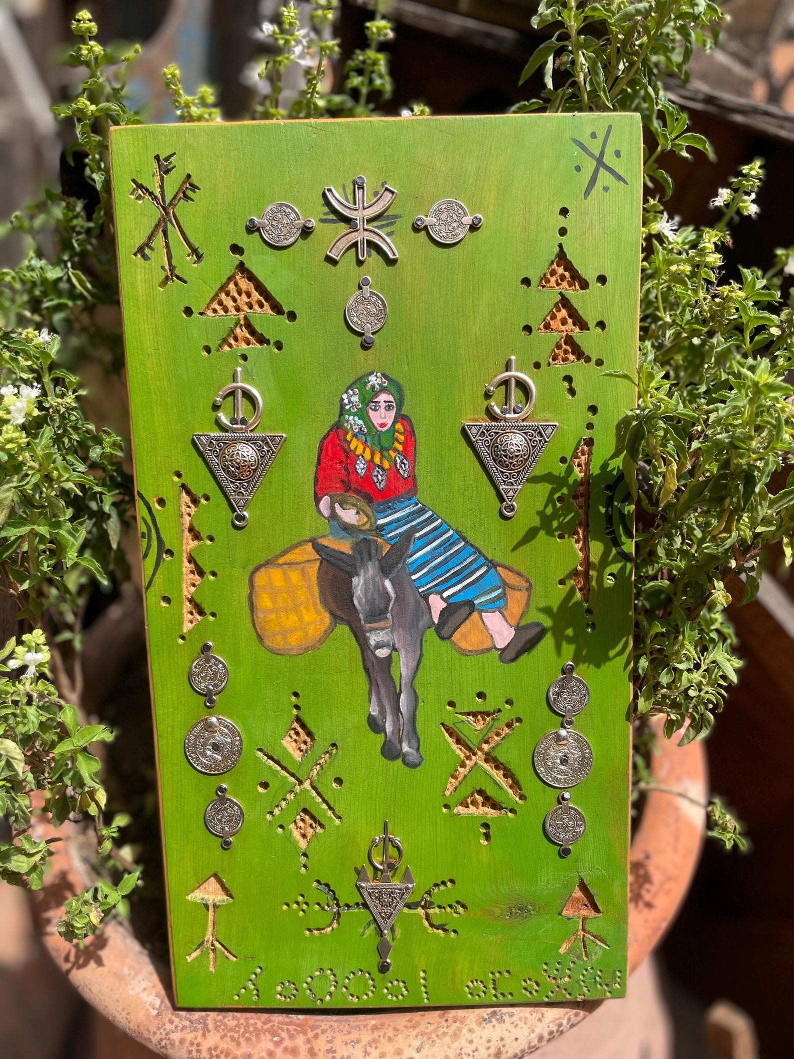 Berber Hand-Painted Wooden Donkey Market Scene Wall Art