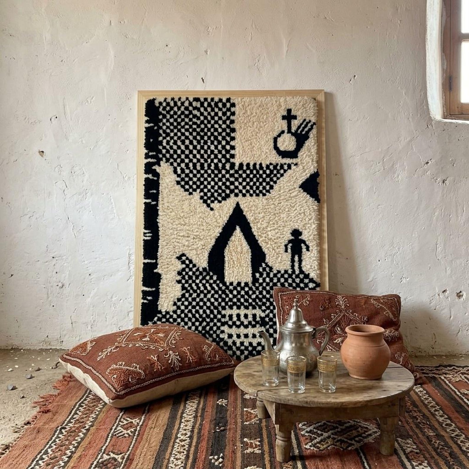Handwoven Amazigh Berber Wool Rug Wall Tapestry with Tuareg Yaz