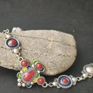Handmade Amazigh Berber Kabyle Red Coral Enamel Adjustable Stainless Steel Bracelet