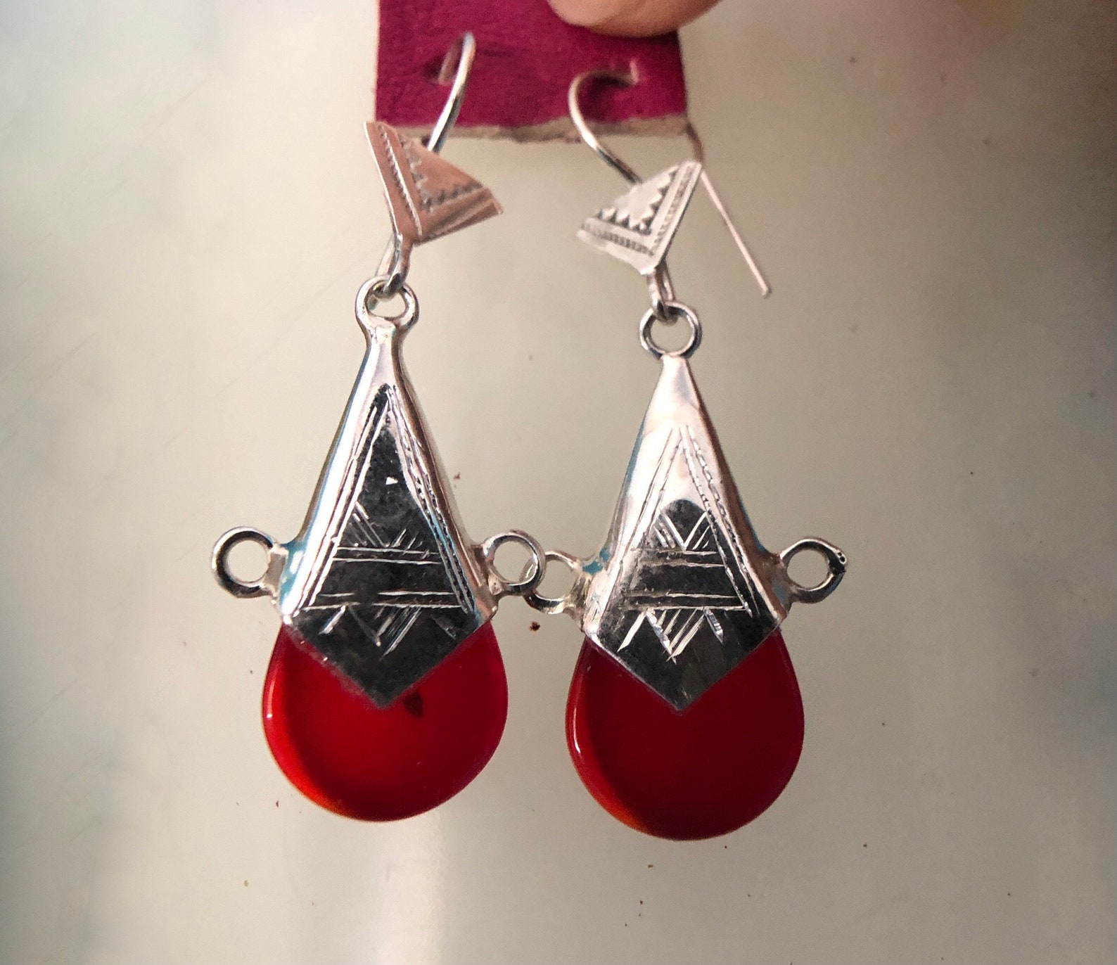Amazigh Pure 925 Silver Tuareg Glass Silversmith Earrings
