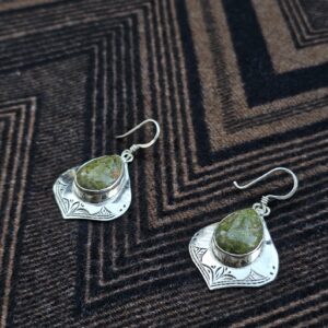 Handcrafted Amazigh Green Stone Engraved Silver-Tone Gemstone Dangle Earrings