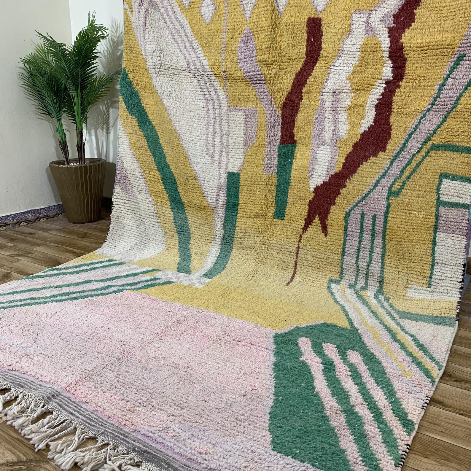 Amazigh Wool Mustard Yellow Cream Abstract Forest Green Rug