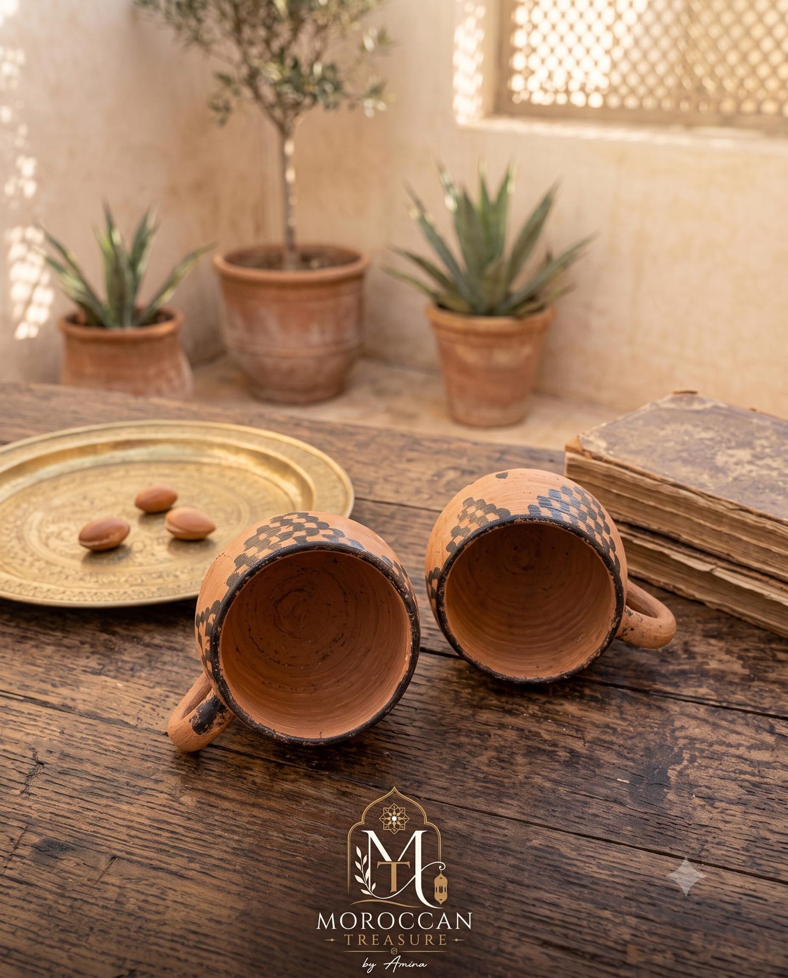 Berber Set of 2 Handmade Clay Cups with Traditional Decoration Mug