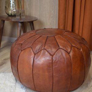 Berber Leather Honey Brown Delivered Stuffed Modern Pouf