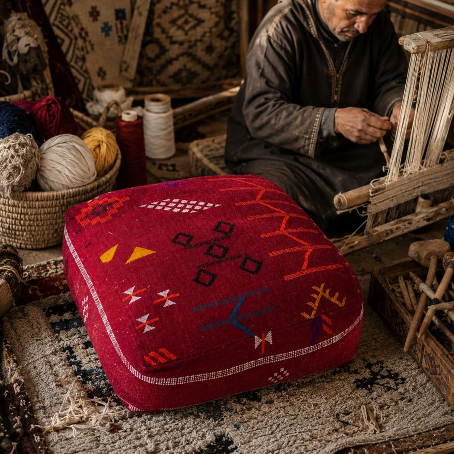 Berber Handmade Red Kilim Boho Square Floor Pouf