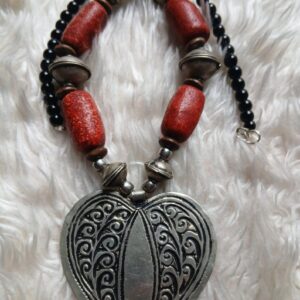 Amazigh Handmade Heart Pendant Red Beaded Statement Necklace