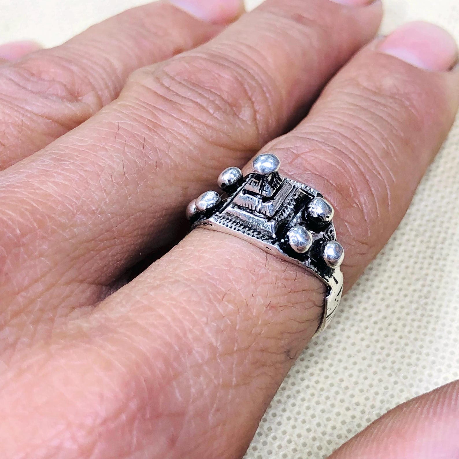 Handmade Amazigh Berber Solid Silver Geometric Pyramid Cone Ring