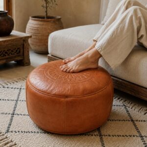Berber Leather Handmade Cognac Round Ottoman Unstuffed Pouf