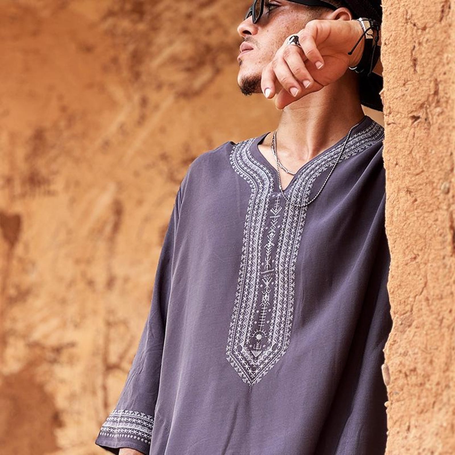 Berber Men Handmade Cotton Screen Printed Gandora Kaftan