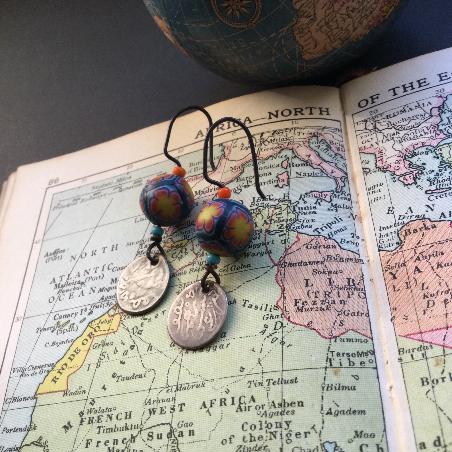 Berber COIN antique coral Venetian beads silver EARRINGS