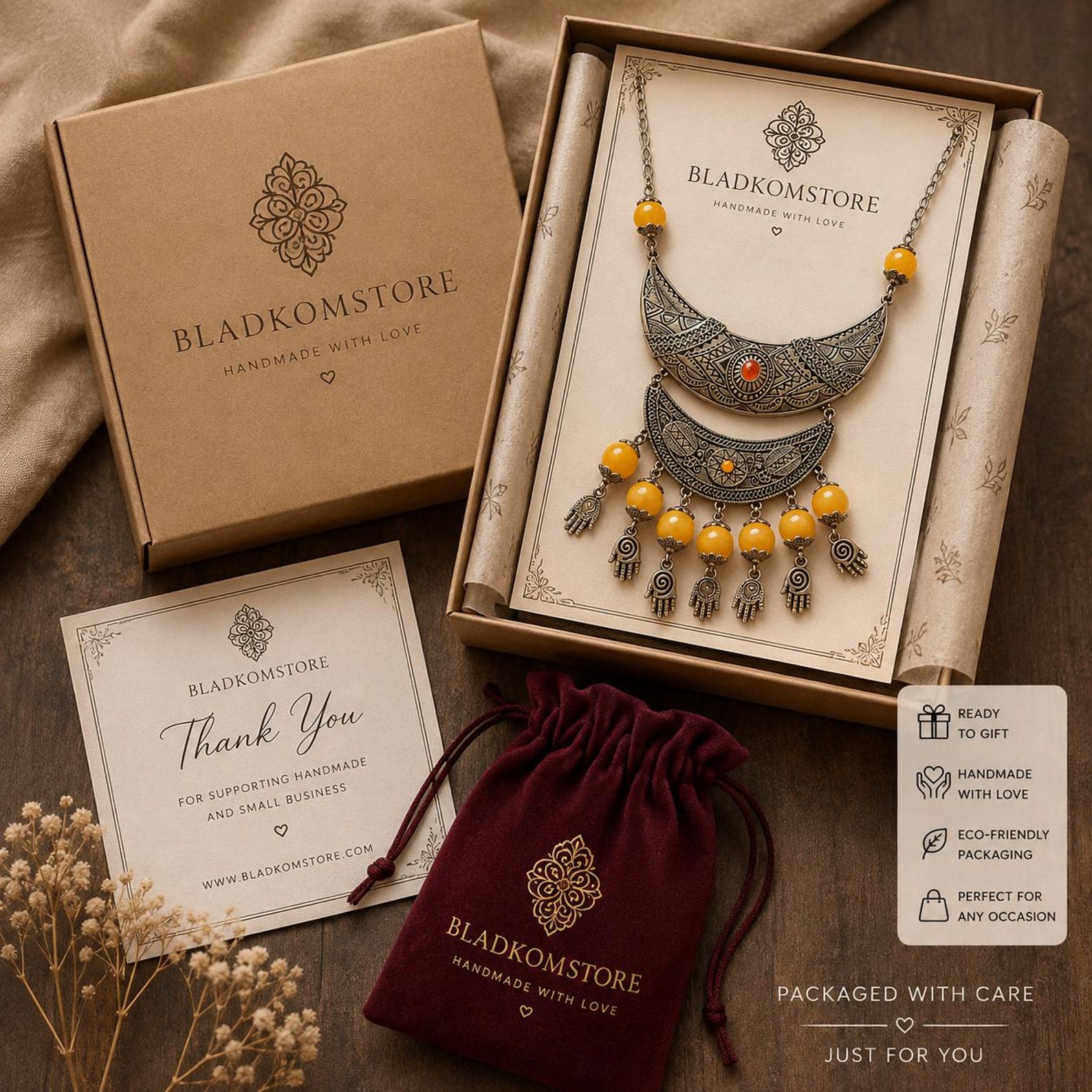 Amazigh Handmade Statement Yellow Beads Hamsa Charms Necklace
