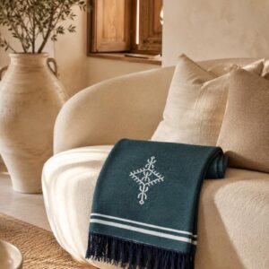 Amazigh Deep Teal Cotton Bedspread Handmade White Blanket