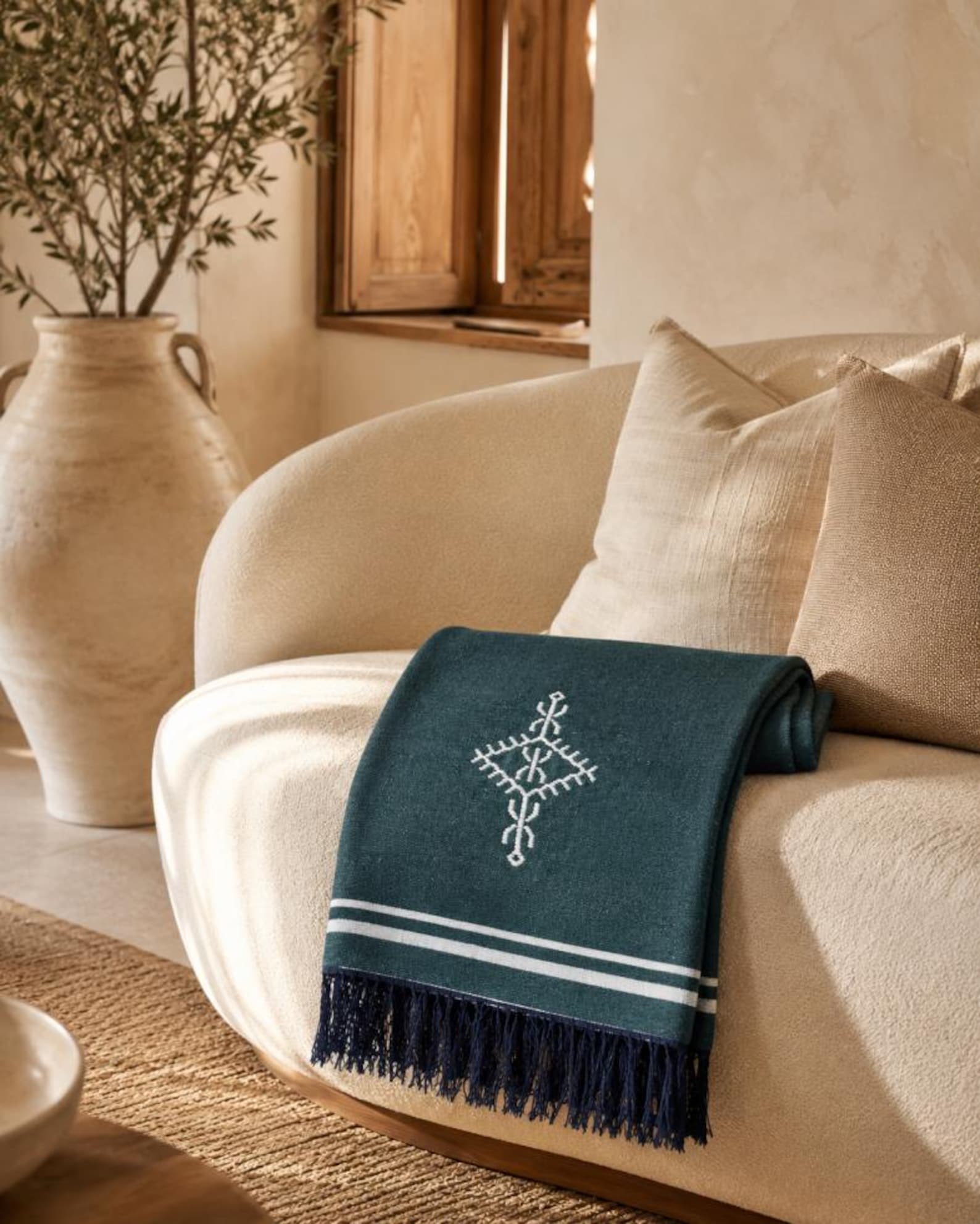 Amazigh Deep Teal Cotton Bedspread Handmade White Blanket
