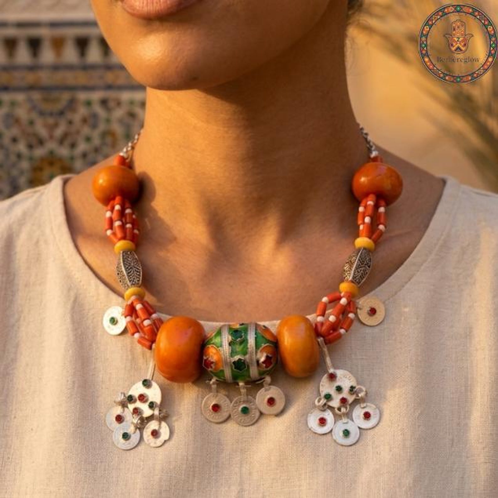 Berber Handmade Tribal Jewelry Orange Beaded Statement Necklace