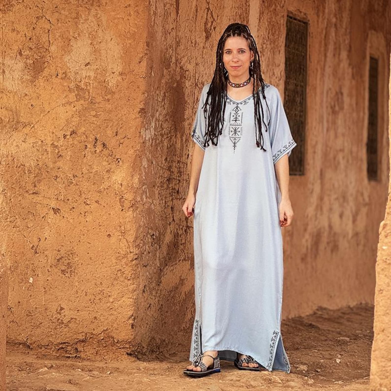 Berber Handmade Cotton Symbol Screen Printed Gandora Kaftan