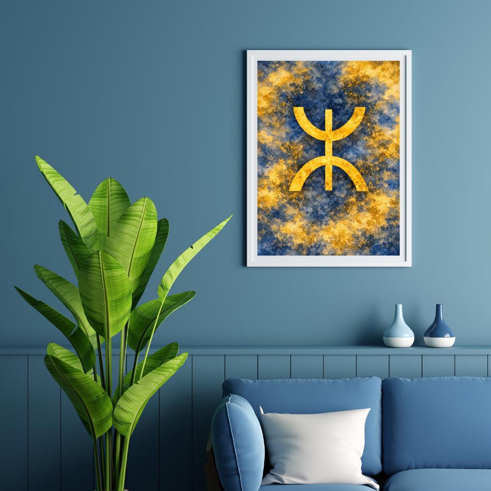 Amazigh Yaz Symbol Berber Blue Gold Abstract Printable Wall Art