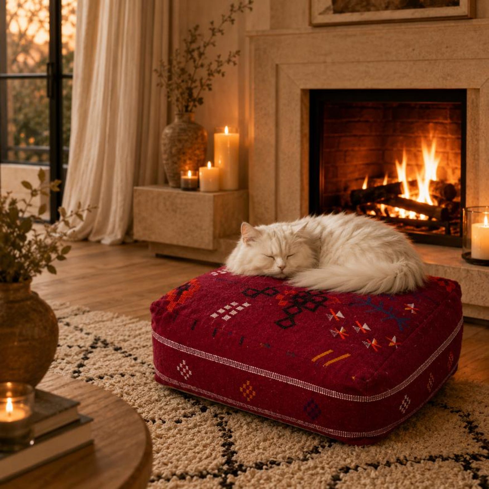Berber Handmade Red Kilim Boho Square Floor Pouf