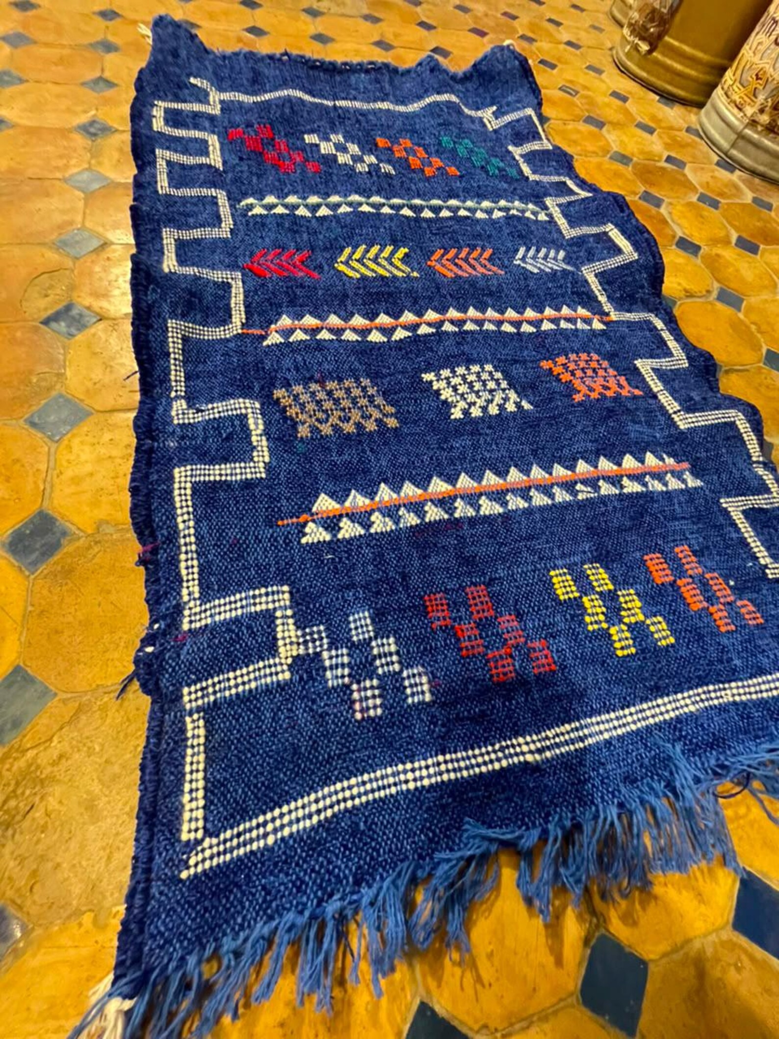Berber Handmade Navy Blue Cashmere Geometric Carpet Rug