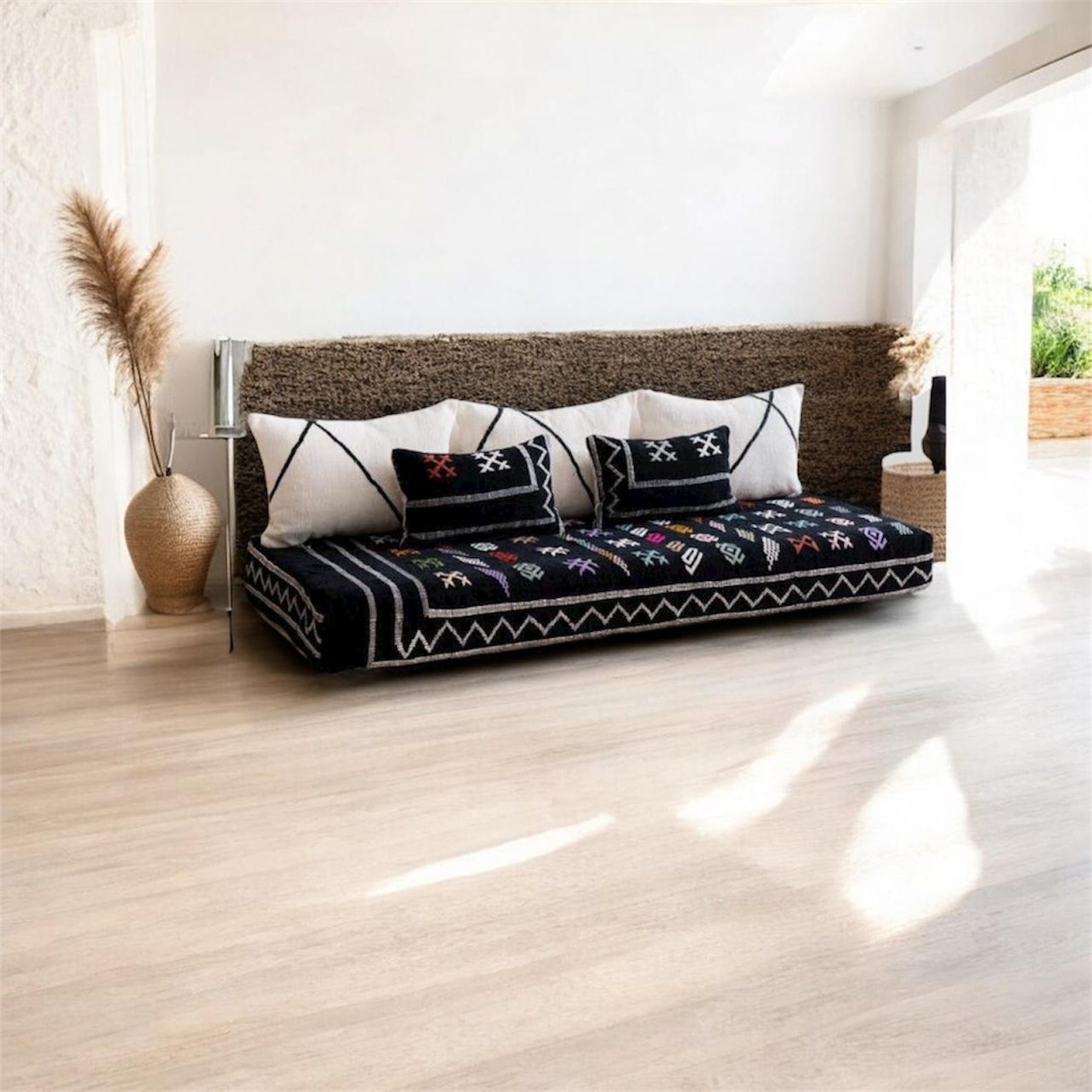 Black Amazigh Hanbel Floor Sofa Colorful Symbol Seating Pouf
