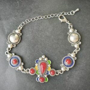 Handmade Amazigh Berber Kabyle Red Coral Enamel Adjustable Stainless Steel Bracelet
