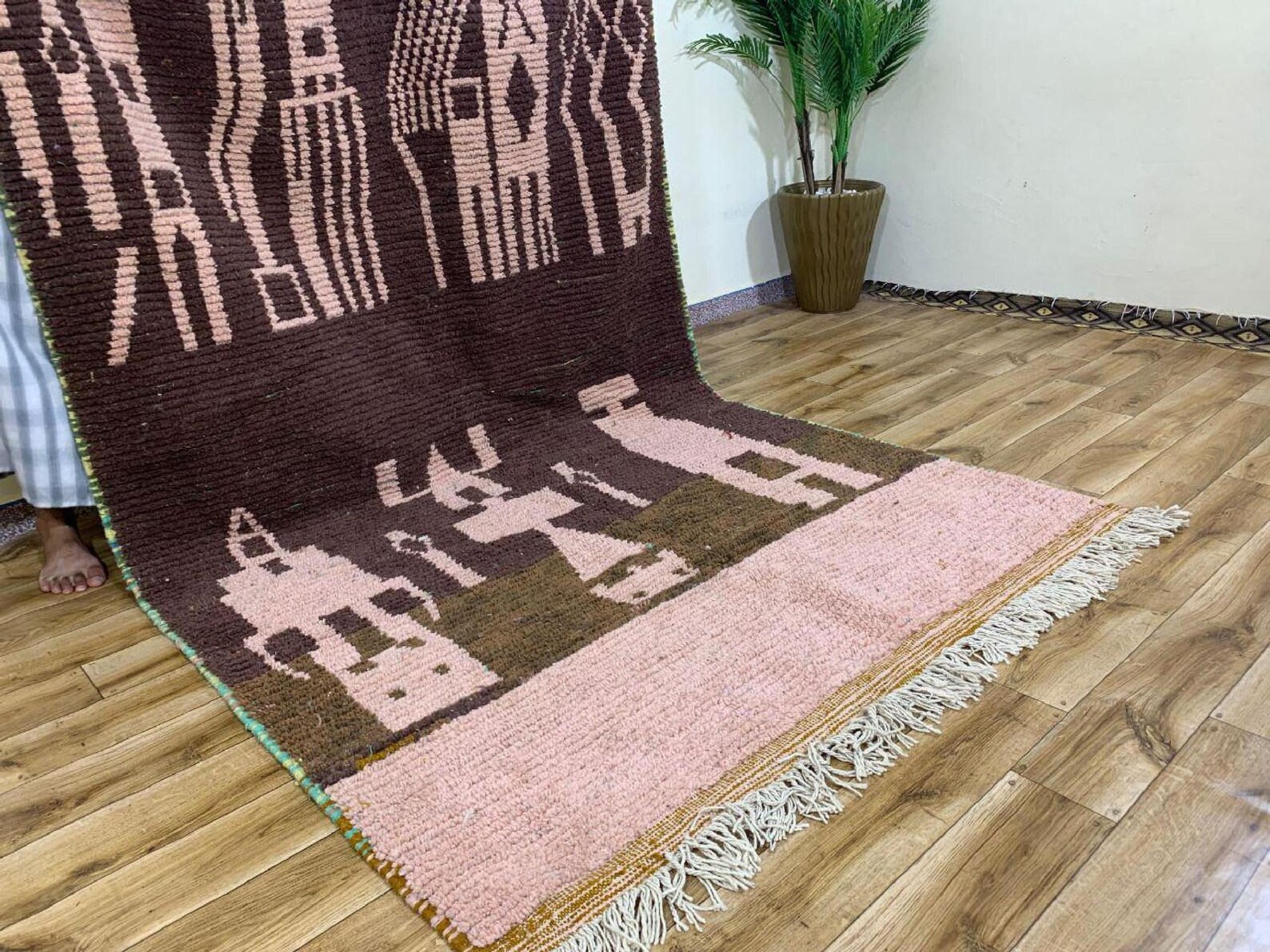 Berber Amazigh Beni Ourain Natural Wool Abstract Motif Rug