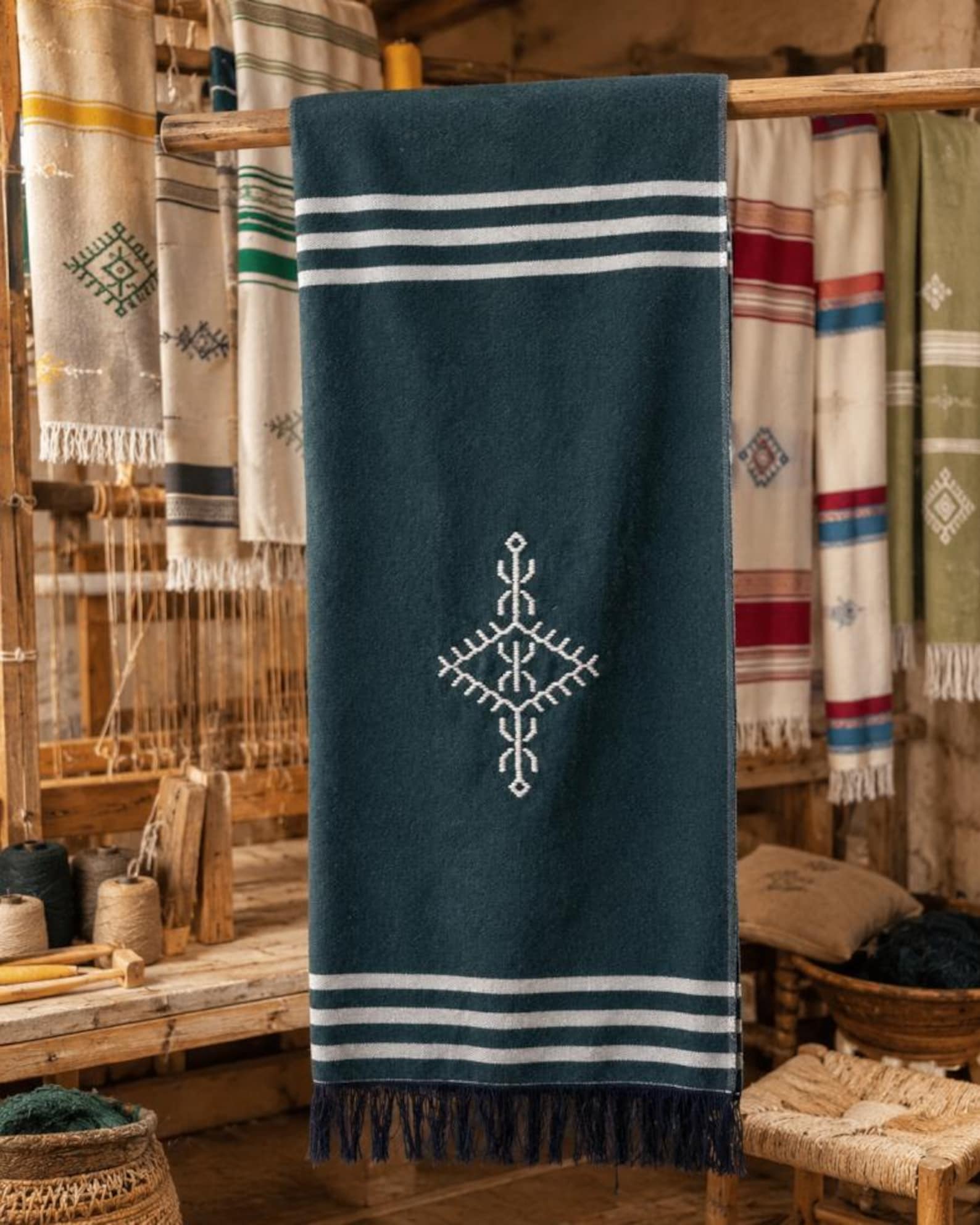Amazigh Deep Teal Cotton Bedspread Handmade White Blanket