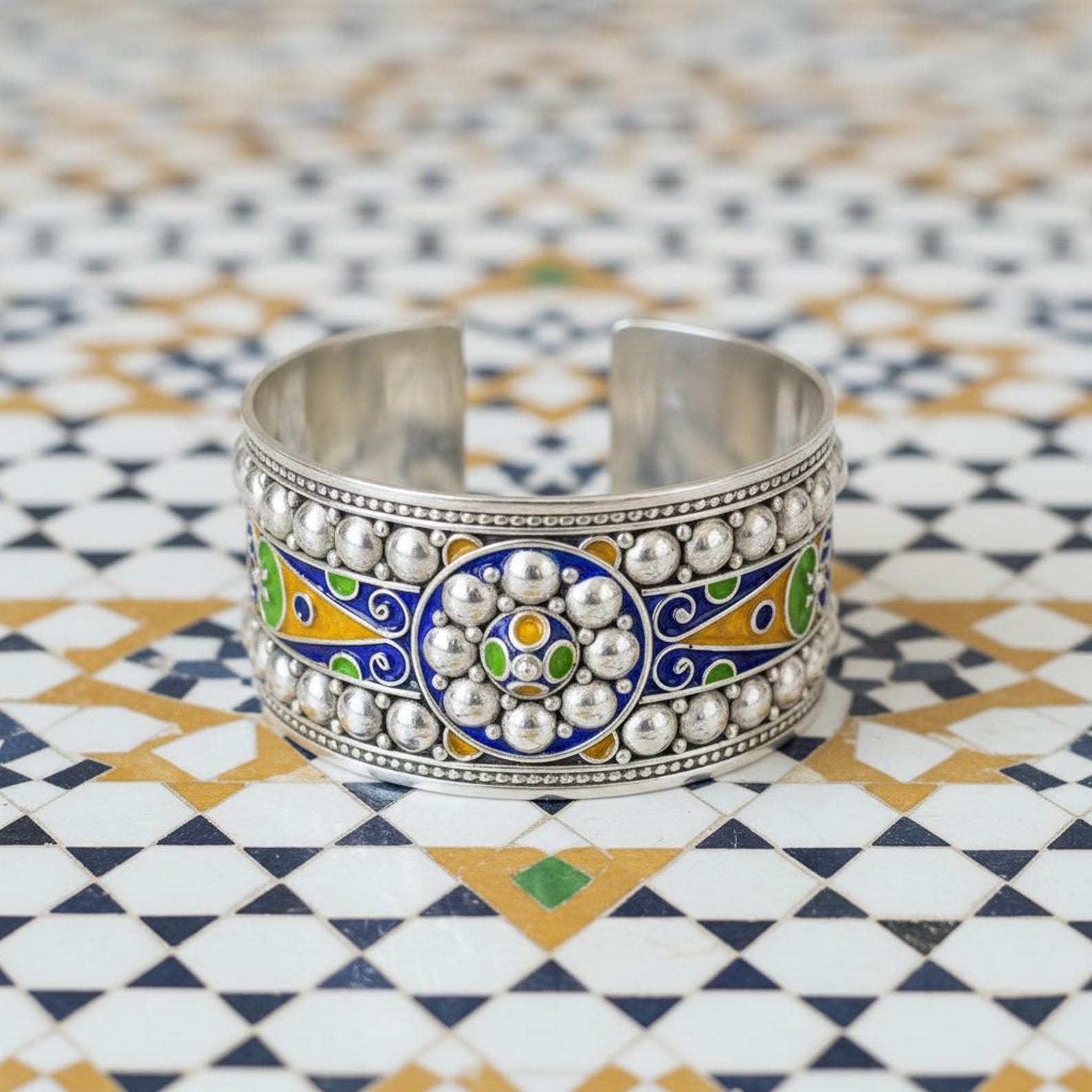 Berber Silver Cuff Handmade Jewelry Enamel Details Bracelet