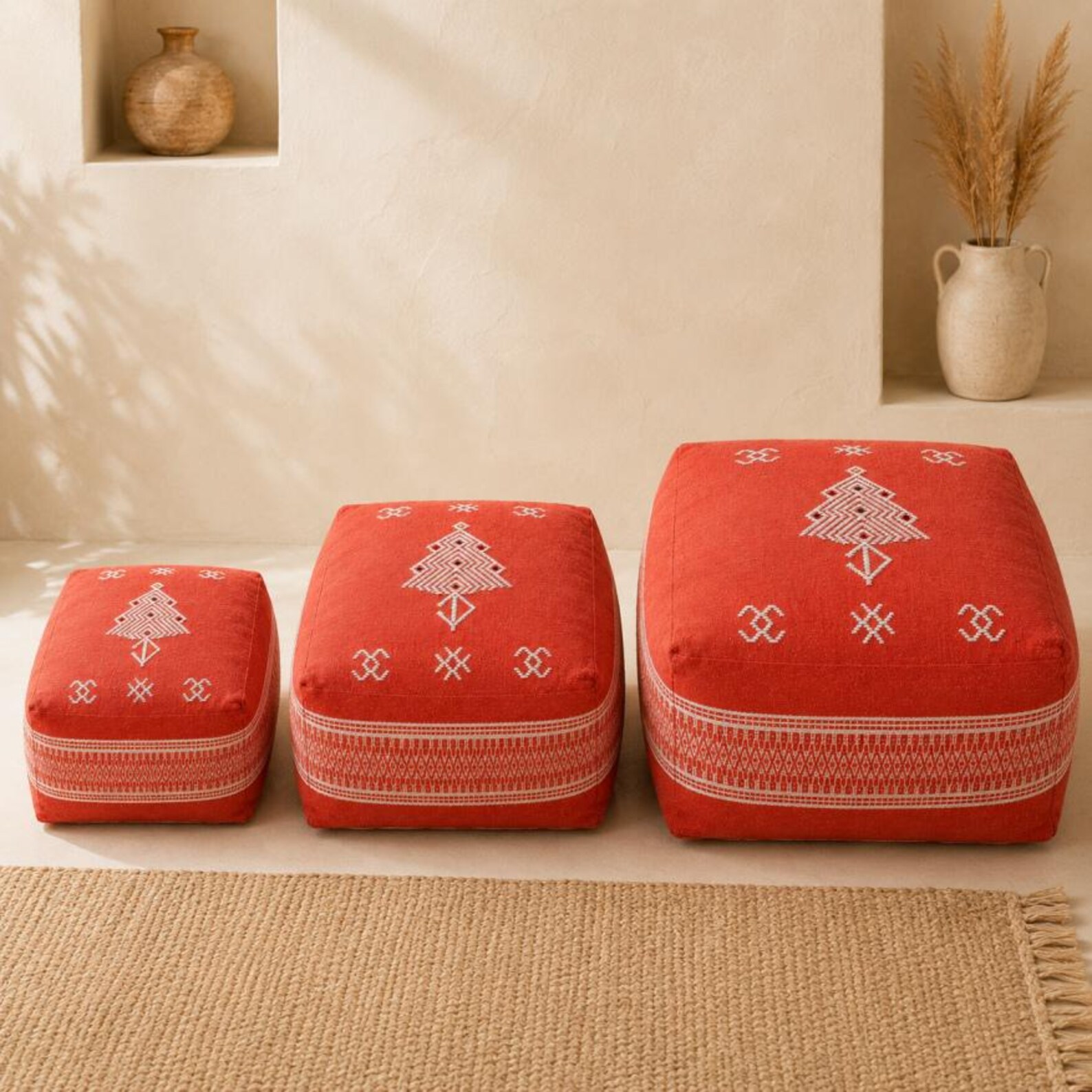 Berber Red Boho Floor Seating Cushion Embroidered Pouf