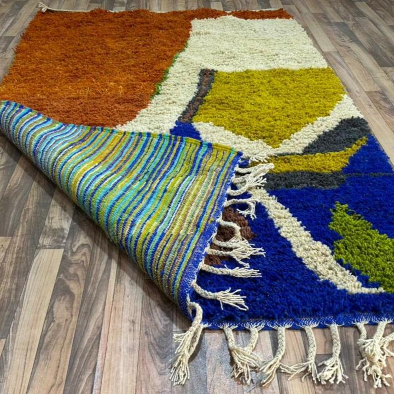 Amazigh Berber Terracotta Blue Handwoven Natural Wool Modern Rug