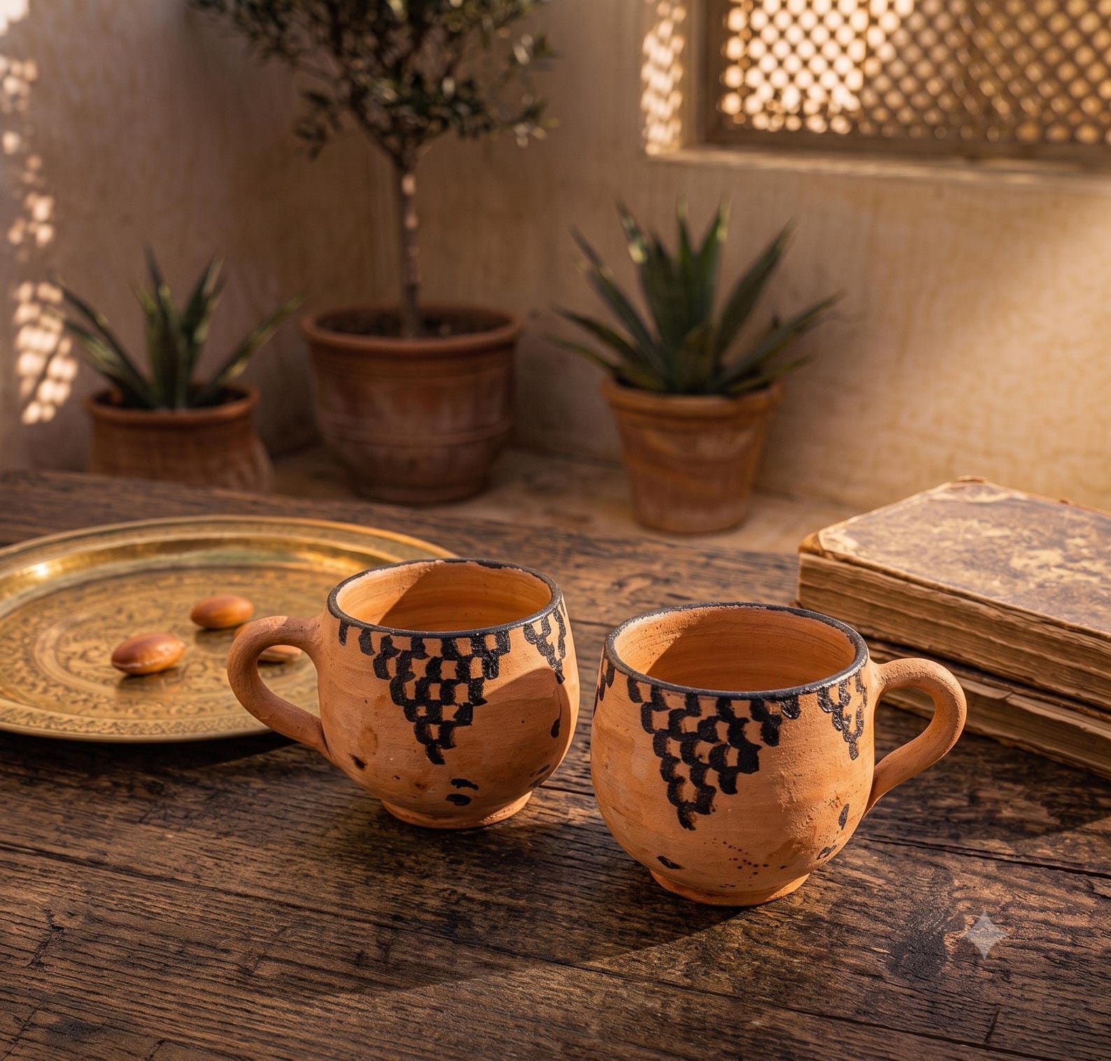 Berber Set of 2 Handmade Clay Cups with Traditional Decoration Mug
