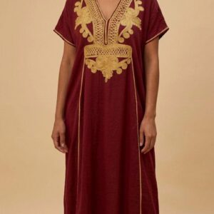 Berber Embroidered Gandoura Dress Burgundy Boho Maxi Kaftan