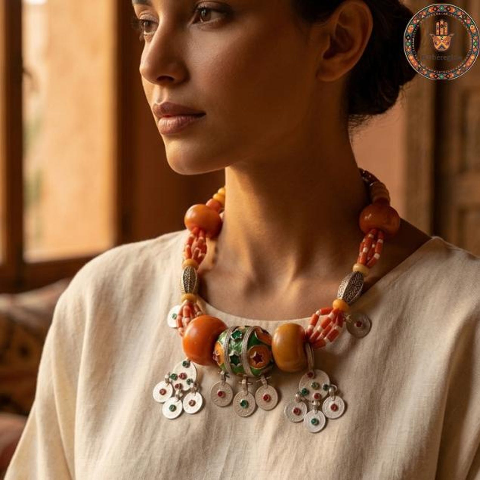 Berber Handmade Tribal Jewelry Orange Beaded Statement Necklace