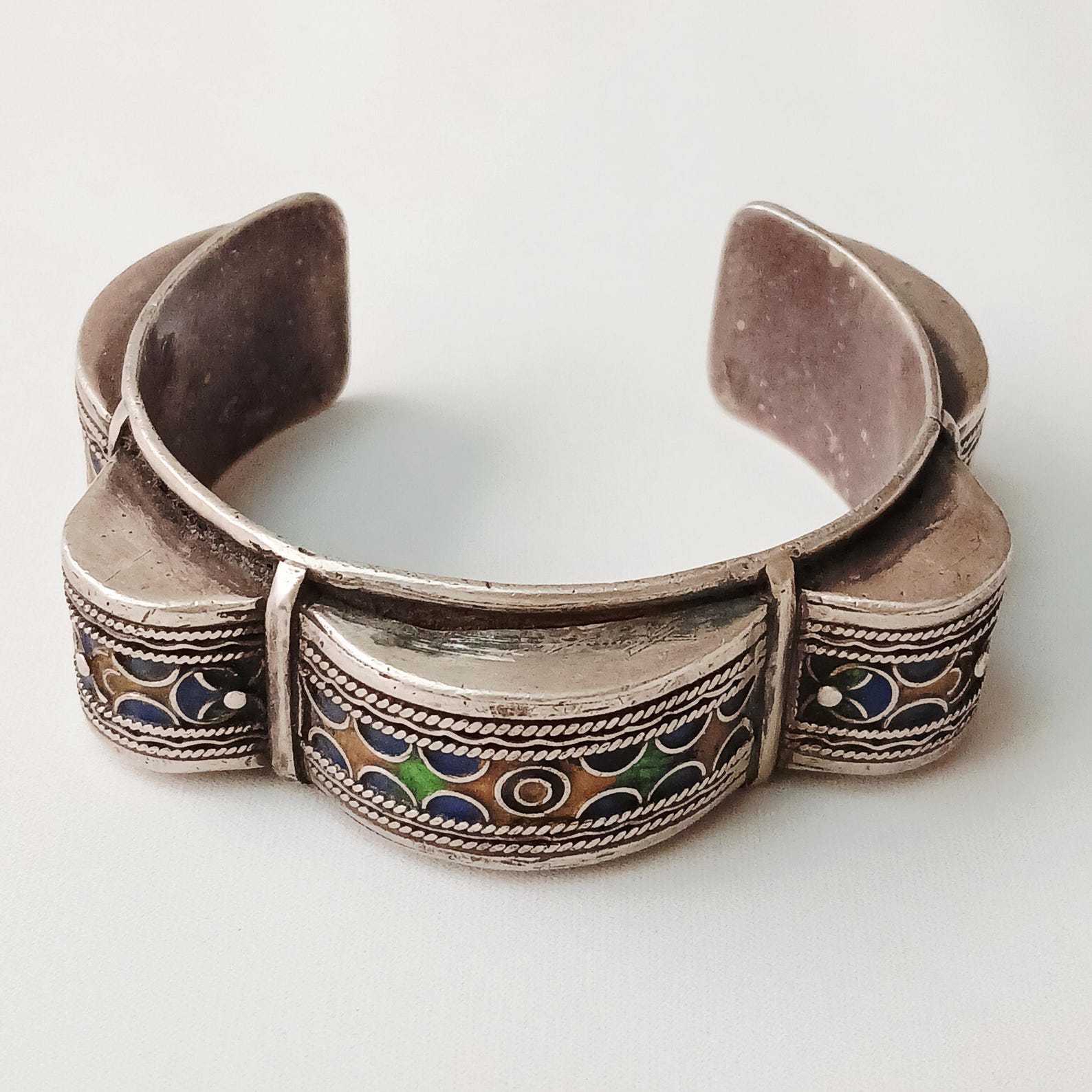 Berber Vintage Enameled Silver Cuff Bracelet for Everyday Personal Jewelry Styling