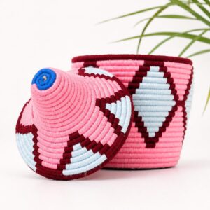 Berber Handmade Woven Palm Basket with Lid and Wool