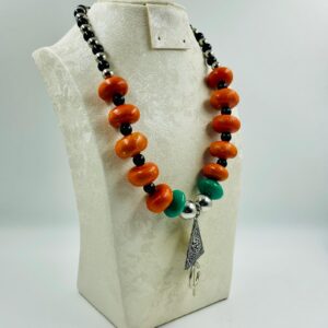 Amazigh Orange Green Resin Beads Silver Triangle Necklace