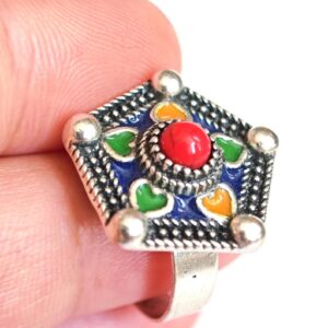 Amazigh Ring in métal argenté émaillé kabyle- - berbère