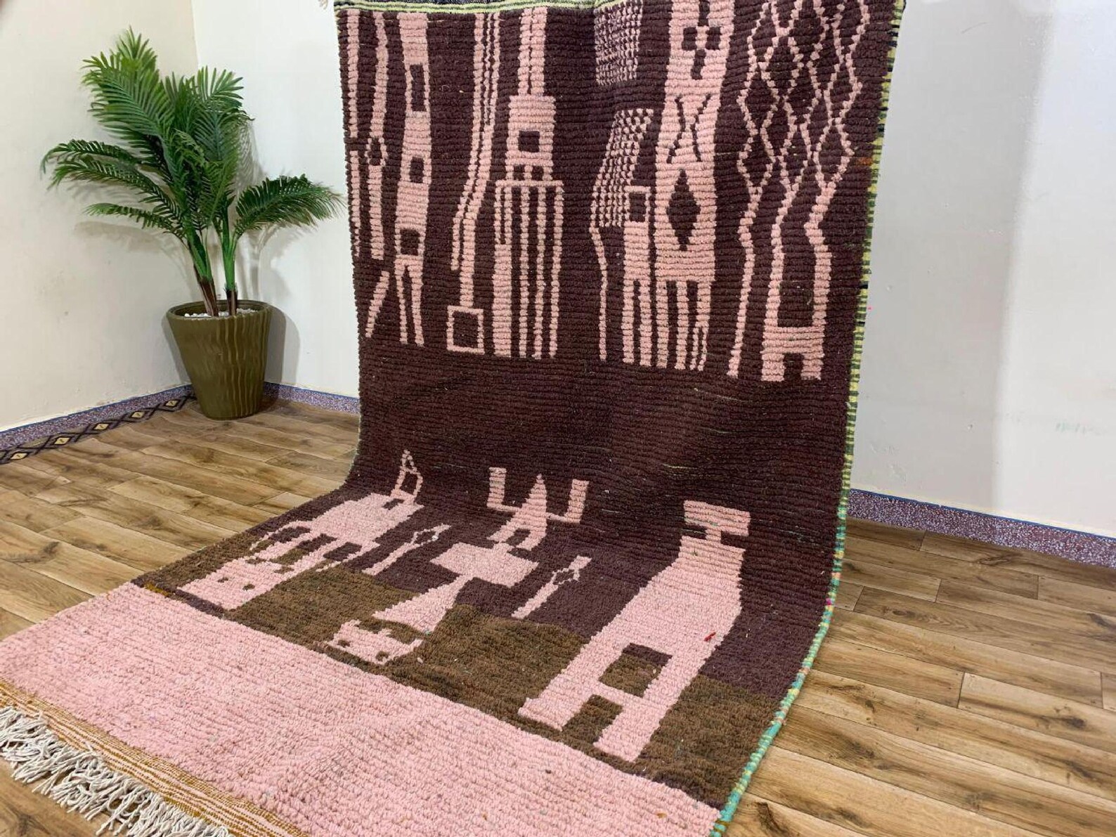Berber Amazigh Beni Ourain Natural Wool Abstract Motif Rug