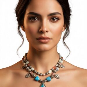 Amazigh Indigenous Brown Jasper Blue Turquoise Antique Charm Necklace
