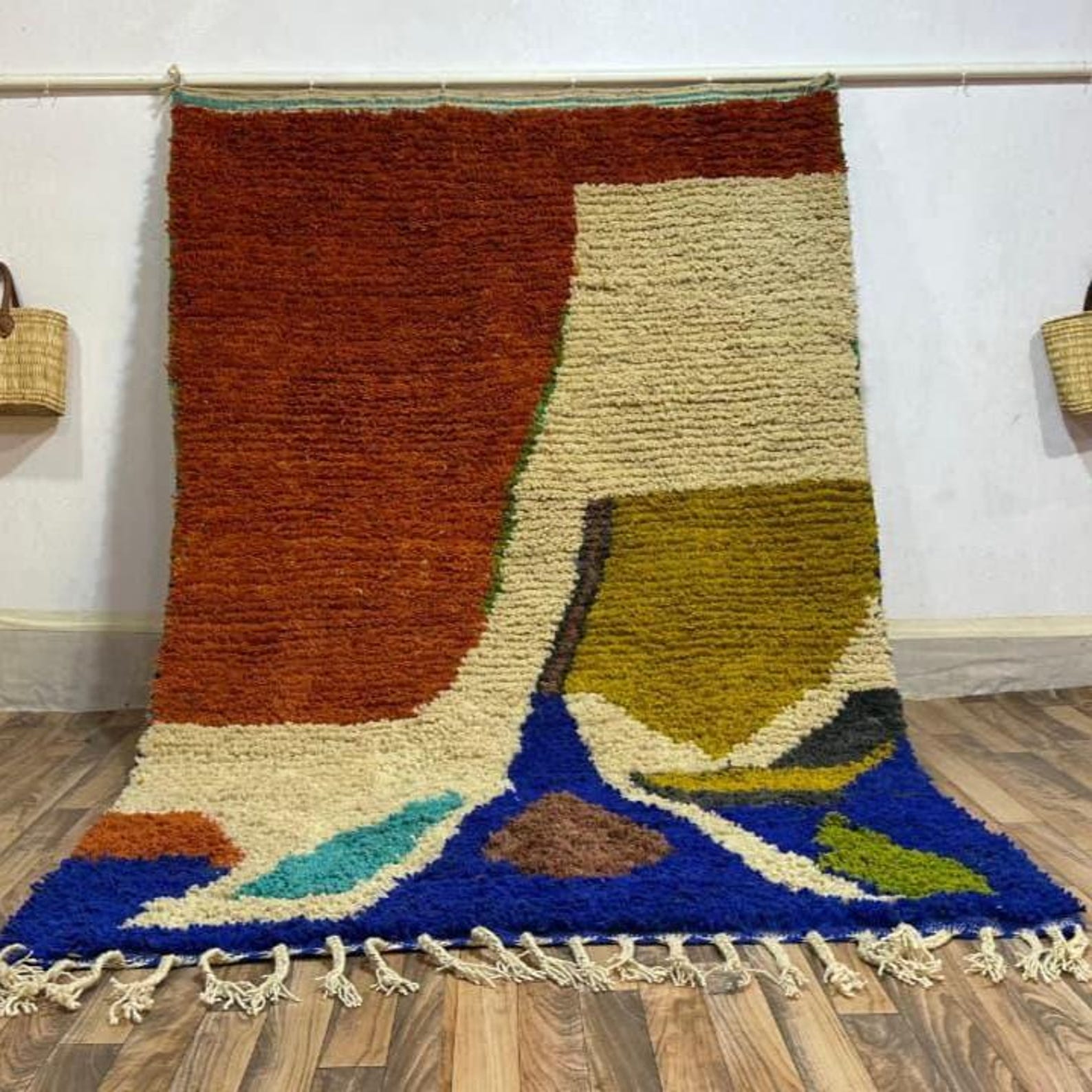 Amazigh Berber Terracotta Blue Handwoven Natural Wool Modern Rug