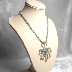 Amazigh Berber Tizerzit Inspired Silver Fibula Red Bead Necklace