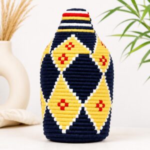 Berber Handmade Woven Palm Basket with Lid and Wool