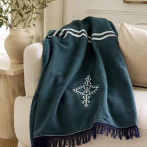 Amazigh Deep Teal Cotton Bedspread Handmade White Blanket