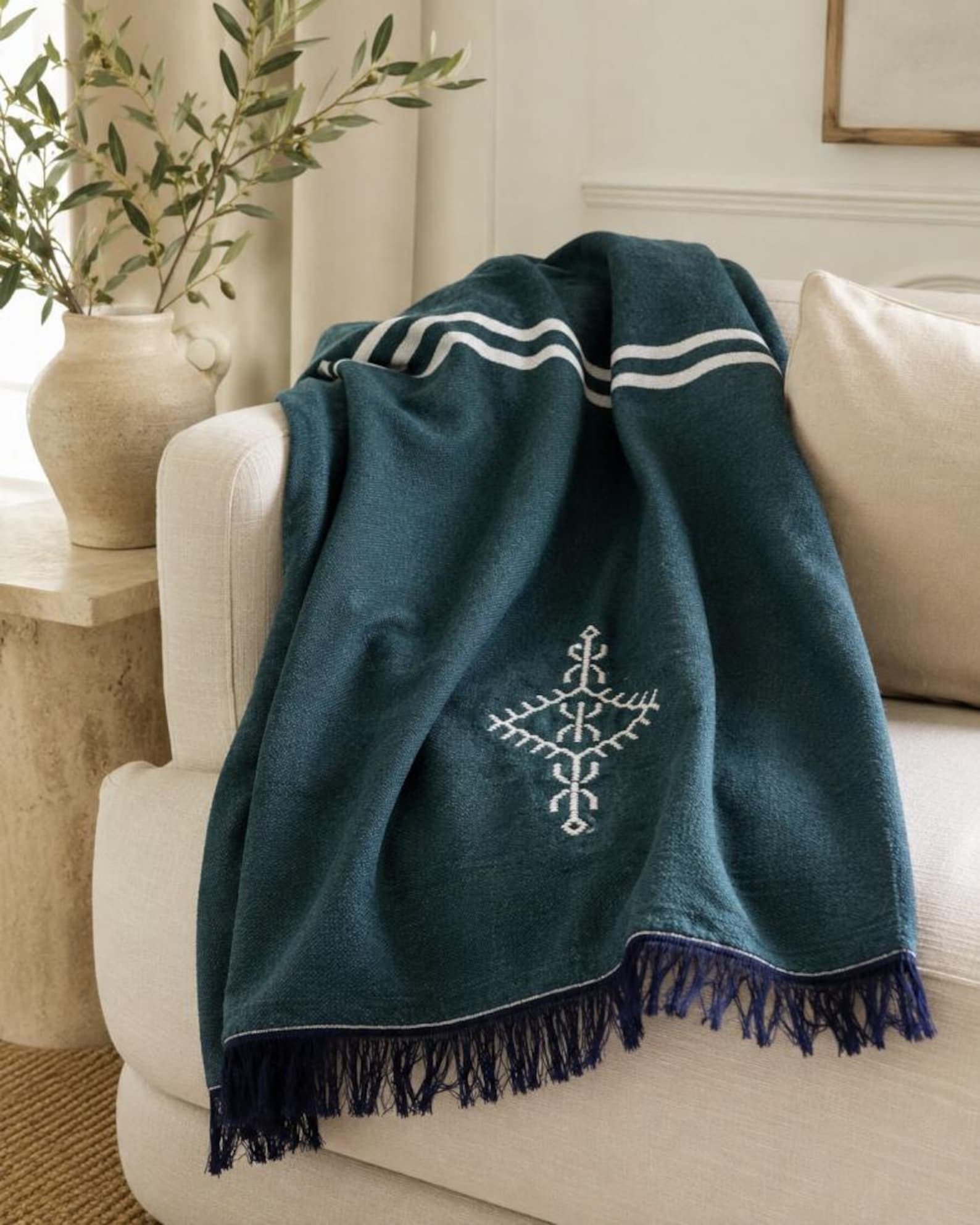 Amazigh Deep Teal Cotton Bedspread Handmade White Blanket