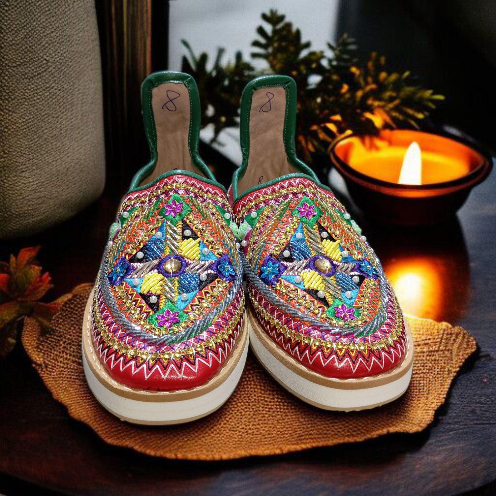 Berber Handcrafted Leather Babouche Shoes with Colorful Embroidery